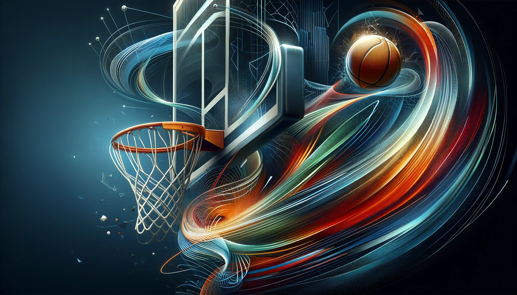 Digital Art mit einem Basketballkorb und einem Basketball. Drumherum sind dynamische energetische Spuren.